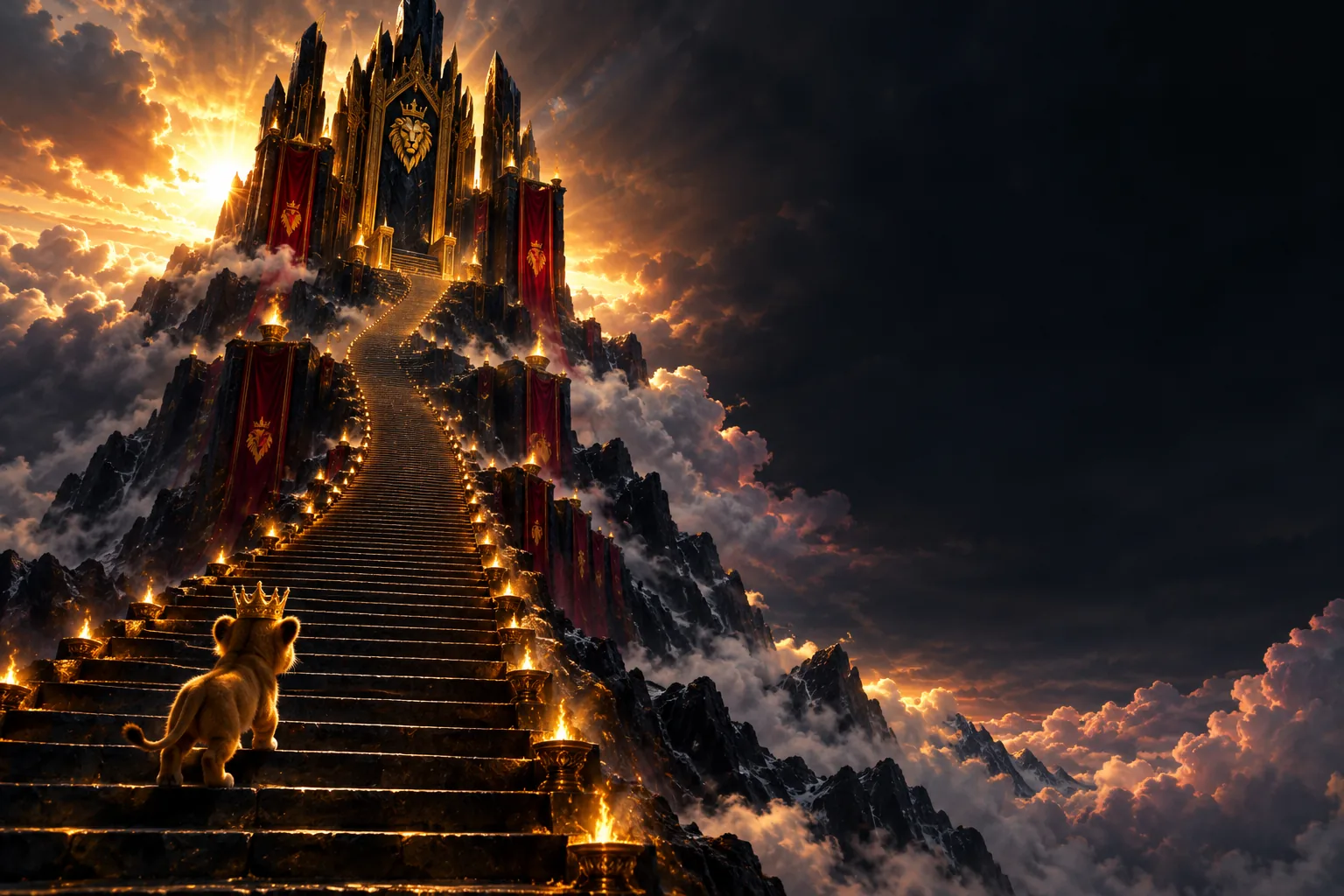A vast staircase lit by torches climbing to a golden throne on a mountain summit